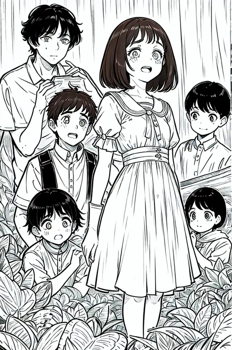 A 7 year old girl, Brunetette, with short brown hair and big eyes, shrinks as some boys surround her, laughing and teasing. She tries to hold back the tears, visibly scared.