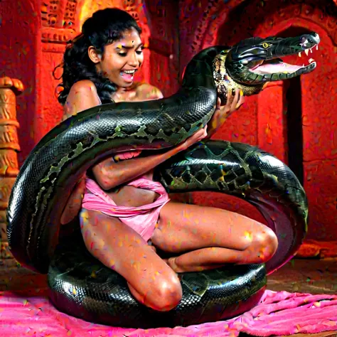 Topless pink thong wearing   Happy Horny, aroused 1girl), beautiful kneeling Indian young teen girl  with  giant colossal black anaconda squeezing her hard, wrapped in thick spiraling coils, constricted, struggle, gasping for air, snake attack, snake peril...