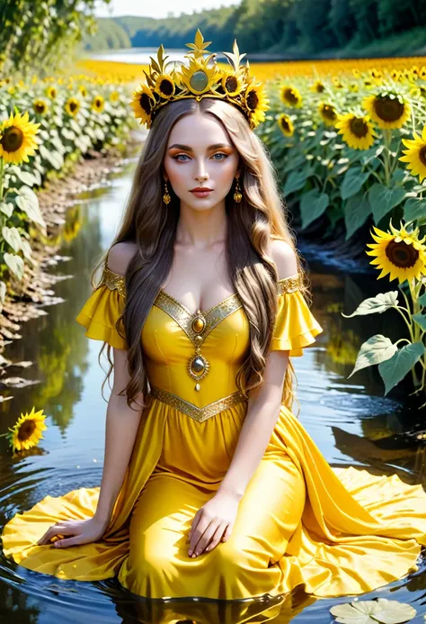 White-skinned Oshun saint, beautiful long hair and a gold crown with a yellow dress in a beautiful river with sunflowers and a gold mirror in her hand relaxing