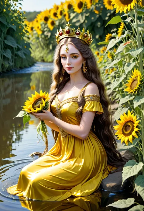 White-skinned Oshun saint, beautiful long hair and a gold crown with a yellow dress in a beautiful river with sunflowers and a gold mirror in her hand relaxing