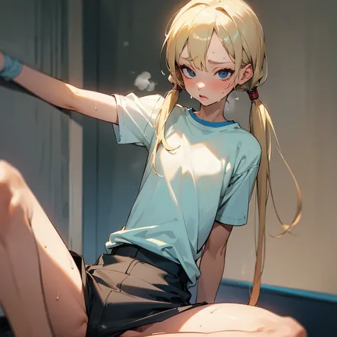 nsfw,(Petite),(boy),blonde low twintails,lips,T-Shirts,Spread your legs,Front pose,Sweat,White Breath,Viewers from the front,slouch,T-Shirtsをめくる