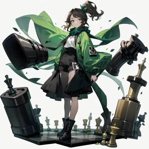 [(White background:1.15), ::2]Solitary, Medium shot, whole body，High saturation a girl，（Brown side ponytail），dynamic，Green eyes，[White background 1::5]，Dark green windbreaker，shorts，Black Silk，（Stand on a giant chess board），boots， Black and white diamond t...