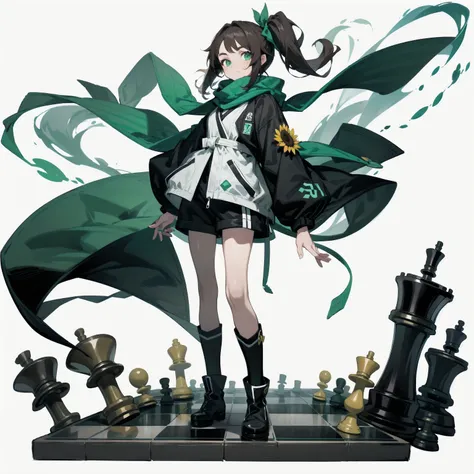 [(White background:1.15), ::2]Solitary, Medium shot, whole body，High saturation a girl，（Brown side ponytail），dynamic，Green eyes，[White background 1::5]，Dark green windbreaker，shorts，Black Silk，（Stand on a giant chess board），boots， Black and white diamond t...