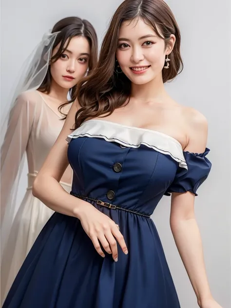 highest quality:1.3, masterpiece, Ultra-high resolution, realistic:1.3, solo:1.3, ((Clear Face)), sidelighting, cowboy shot, (looking at camera:1.3), (navy dress), standing, white background, Showcasing cleavag, arms behind back, (big busts), smile