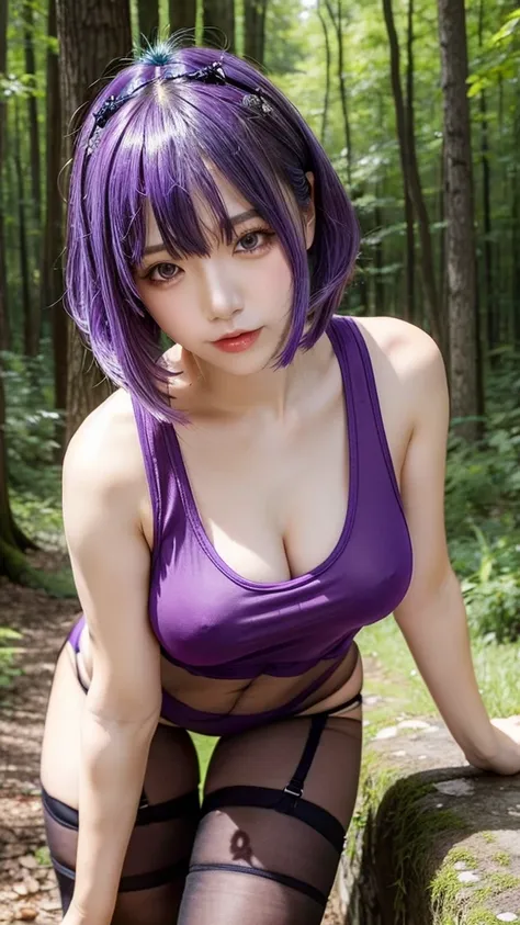 Sheer tank top、Lower milk、pantyhose/stockings、Transparent nipples、Leaning forward、Purple hair、forest