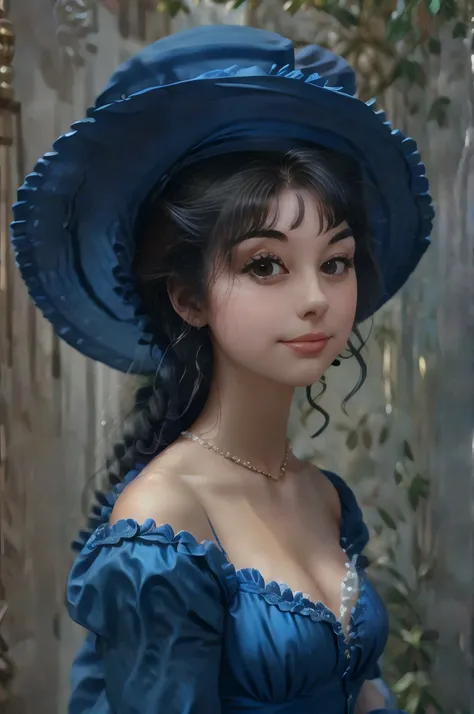 a close up of a woman in a blue dress and hat, inspired by Sophie Pemberton, a beautiful victorian woman, victorian style costume, inspired by Mollie Forestier-Walker, wearing 10s era clothes, pretty face!!, beautiful female dorothy gale, inspired by Ameli...