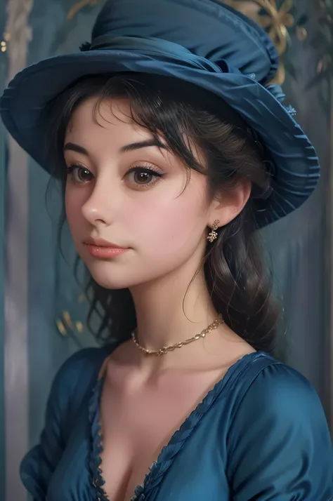 a close up of a woman in a blue dress and hat, a character portrait inspired by Sophie Pemberton, flickr, art nouveau, a beautiful victorian woman, victorian style costume, wearing 10s era clothes, pretty face!!, beautiful female dorothy gale, in victorian...