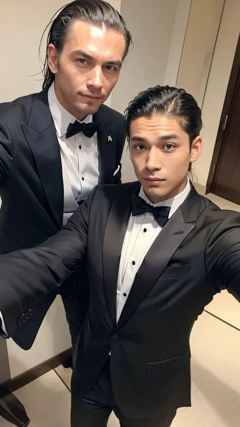 A man with his bangs down and a man with his hair slicked back are taking a selfie, suit, Luxury, Japanese