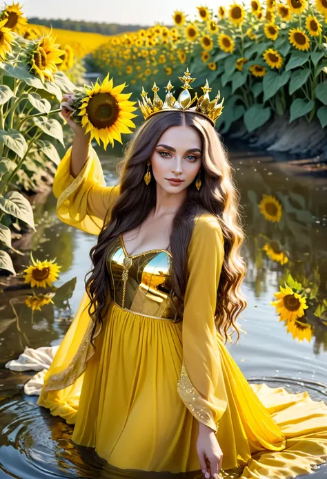 White-skinned Oshun saint, beautiful long hair and a gold crown with a yellow dress in a beautiful river with sunflowers and a gold mirror in her hand relaxing