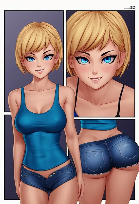 Panel work of art, blue colored eyes, short blonde hair, wearing a tight blue tank top with a low neckline, wearing short, tight denim shorts with the buttons open, defined body, 4K HD image