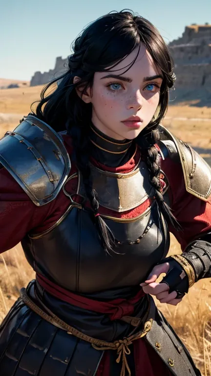 Medieval female warrior Billie Eilish face), beautiful face, heavy armor(black and red), athletic physique, big round breasts, exposed thighs, round Buttocks, long black hair tied braid, light blue eyes, freckles on her face, background open field