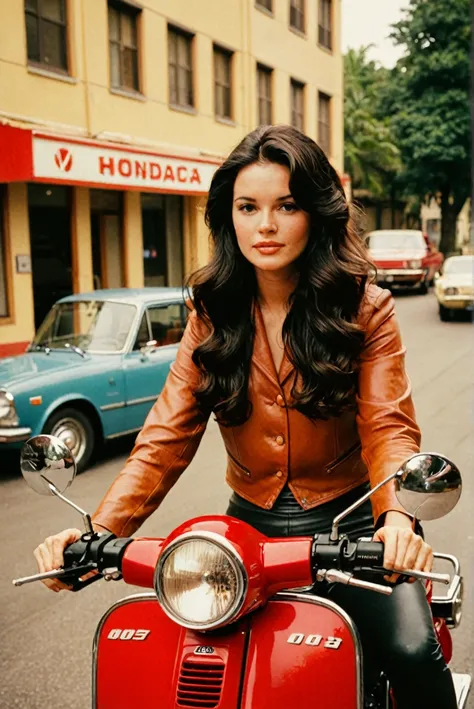 Polaroid photo of a woman with a vintage 70s aesthetic, black wavy hair, warm tones, faded colors, cinematic, nostalgic feel, candid pose, red 1970s Honda C 70 motorcycle, Fine art photography style
