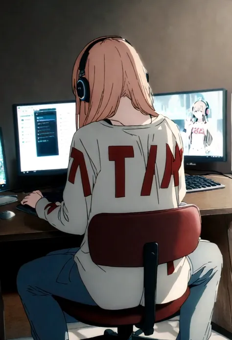 1 anime girl, wearing a shirt with the name harl written big on it, in the back, sitting on a chair, wearing headphones, playing...