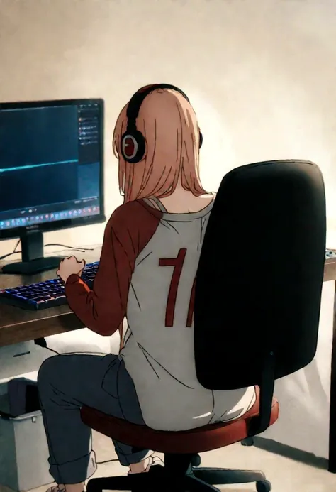 1 anime girl, wearing a shirt with the name harl written big on it, in the back, sitting on a chair, wearing headphones, playing...