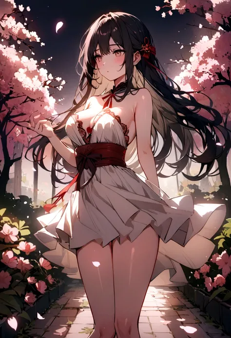 Lace,Ribbon,(masterpiece, Side Light, 精致beautiful灰色眼睛: 1.2), Medium breasts, Practical, Shiny hair,Black Hair,long hair, Glowing skin, Solitary, Awkward,Strapless,Beautifully,beautiful,garden,Flowers,Flying petals, Bare legs, Cherry blossoms, light, Compos...