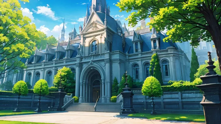 A classic style magic academy, large academy building, a large frontyard, filled with green trees, a lot of colorful hydrangea, a bench, a classic lamps, front-view