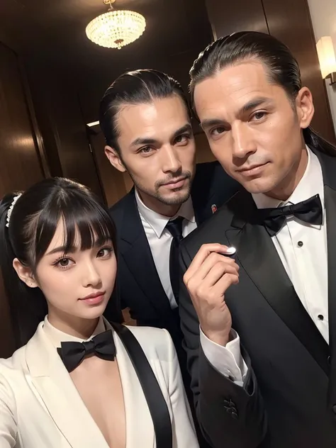 A man with his bangs down and a man with his hair slicked back and a ponytail are taking a selfie together, suit, Luxury, Japanese