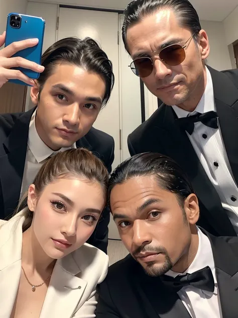 A man with his bangs down and a man with his hair slicked back and a ponytail are taking a selfie together, suit, Luxury, Japanese