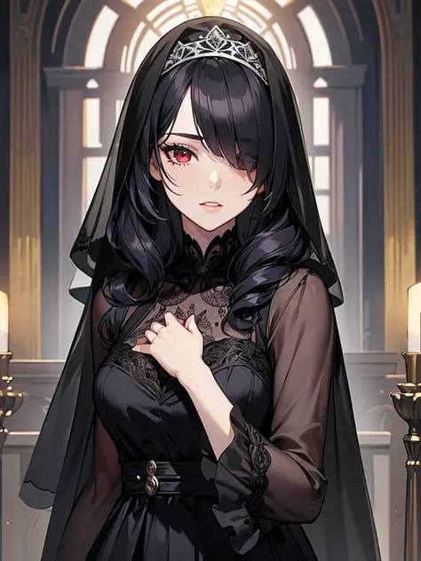 (Super detailed:1.3), ((((best quality)))), ((masterpiece)), female focus, solo,hotify, stunning beauty, powerful glow, detailed face, detailed eyes, detailed lips,castle interior background,(nighttime),moonlight,((black hair)),long hair, black mourning dr...