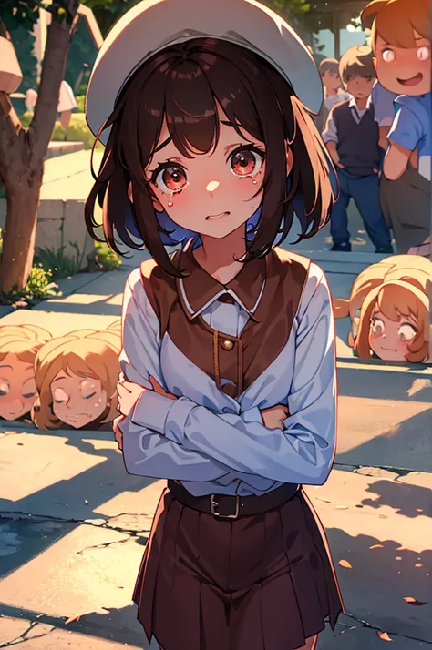 A 7 year old girl, Brunetette, with short brown hair and big eyes, shrinks as some boys surround her, laughing and teasing. She tries to hold back the tears, visibly scared.