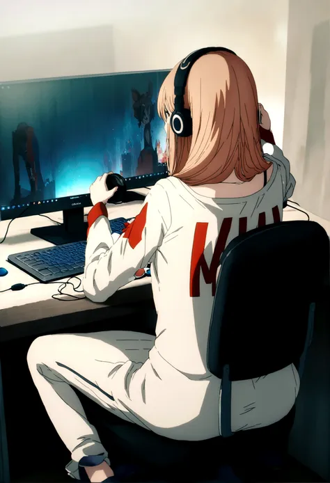 1 anime girl, wearing a shirt with the name harl on it , in the back, sitting on a chair, wearing headphones, playing on pc, foc...