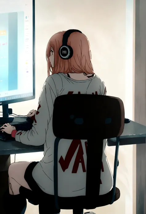 1 anime girl, wearing a shirt with the name harl on it , in the back, sitting on a chair, Wearing Headphones, playing on pc, focused on the game, with blue and red particles around.