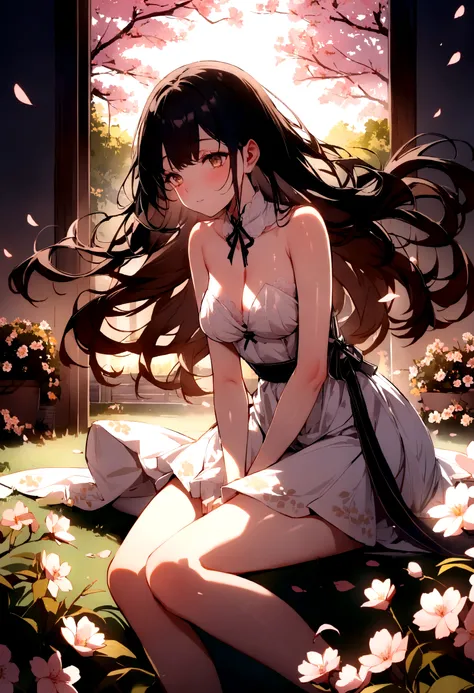 Lace,Ribbon,(masterpiece, Side Light, 精致beautiful灰色眼睛: 1.2), Medium breasts, Practical, Shiny hair,Black Hair,long hair, Glowing skin, Solitary, Awkward,Strapless,Beautifully,beautiful,garden,Flowers,Flying petals, Bare legs, Cherry blossoms, light, Compos...