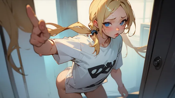 nsfw,(Petite),(boy),blonde low twintails,lips,T-Shirts,Front pose,Sweat,White Breath,Viewers from the front,Standing posture,T-Shirtsをめくる