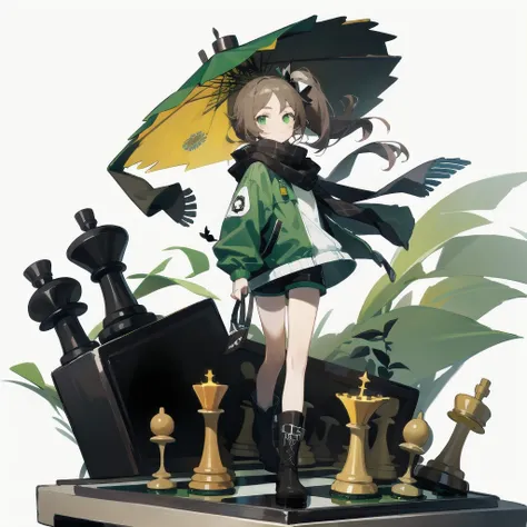 [(White background:1.15), ::2]Solitary, Medium shot, whole body，High saturation a girl，（Brown side ponytail），dynamic，Green eyes，[White background 1::5]，Dark green windbreaker，shorts，Black Silk，（Stand on a giant chess board），boots， Black and white diamond t...