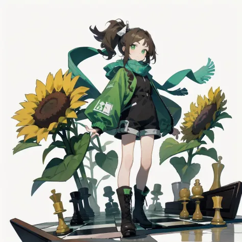 [(White background:1.15), ::2]Solitary, Medium shot, whole body，High saturation a girl，（Brown side ponytail），dynamic，Green eyes，[White background 1::5]，Dark green windbreaker，shorts，Black Silk，（Stand on a giant chess board），boots， Black and white diamond t...