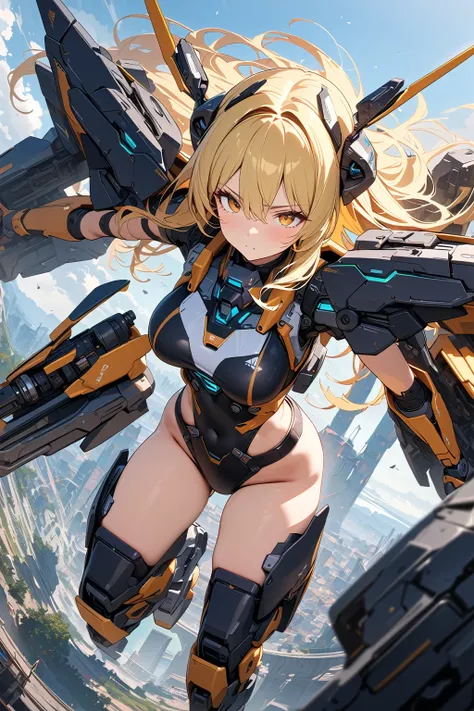 (masterpiece, best quality:1.5), (ultra detailed, high resolution, 8k, beautiful detailed, UHD, best anatomy), blonde hair, medium breasts, mecha musume, Body made of machines, fighting formation, expressionless, An ominous place