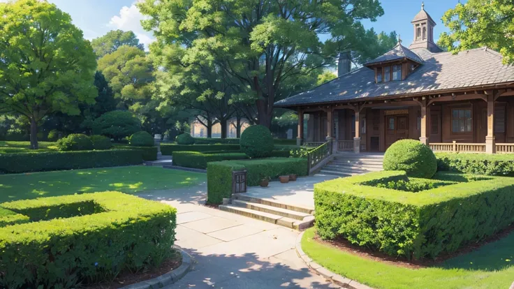 A classic style magic academy, large academy building, a large frontyard, filled with green trees, colorful hydrangea, a bench, a classic lamps, front-view