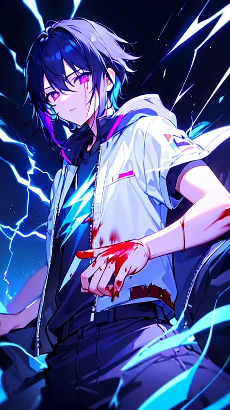 [(BLACK BACKGROUND:1.5),::5], ((((masterpiece)))), high quality, ultra very high resolution, full color, (((solo))), ((little boy)), black hair, ((blue colored inner hair)), ((purple eyes)), anime, ((upper body)), neon light, black parka, (lightning effect...