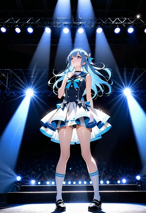 Idol Stage, Idol Dress, beautiful, Very detailed, masterpiece, Highest quality, Tyndall effect, light, Stage lighting, Blue-toned long-haired high school girl、Purple eyes、Sailor suit, Knee socks, on stage, look up, Light Scattering, Volumetric lighting, Sp...