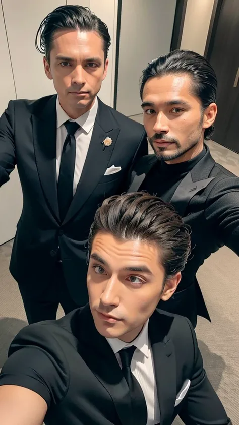 A man with wolf hair and a man with slicked-back hair are taking a selfie, suit, Luxury, Japanese