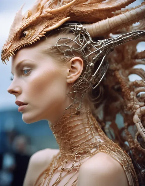 RAW candid close-up photos of ethereal neural network organisms, Sacred Cyborg Dragon:2 Girls:0.3, Ginger:0.5. Biomorph, Glass Skeleton, Skinless:3, anatomical face, Biomechanical details, (Sky Background), Natural light, H Style. R. Giger, (Sharp focus, S...