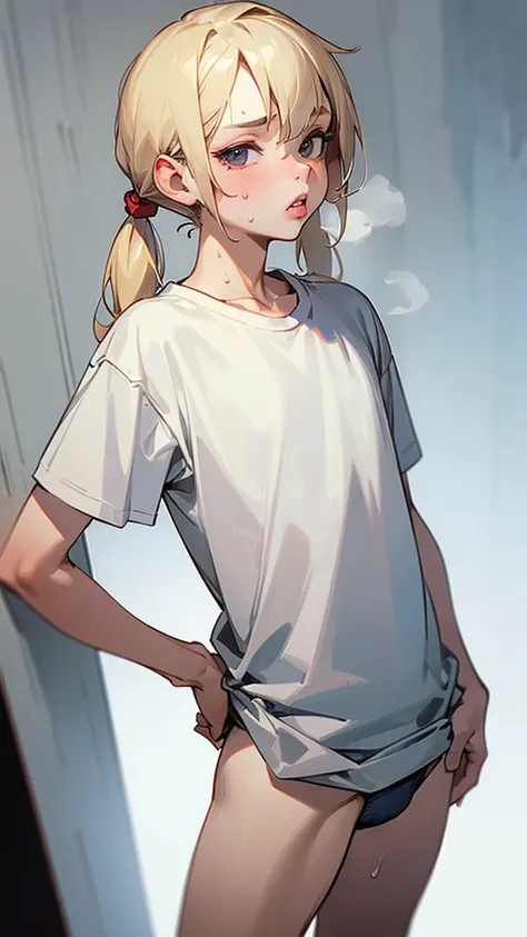 nsfw,(Petite),(boy),blonde low twintails,lips,T-Shirts,Front pose,Sweat,White Breath,Viewers from the front,Standing posture,T-Shirtsをめくる