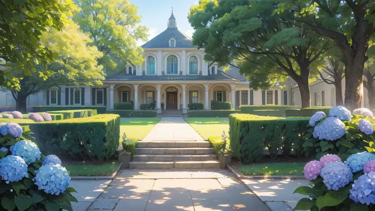 A classic style magic academy, large academy building, a large frontyard, filled with green trees, colorful hydrangea, a bench, a classic lamps, front-view