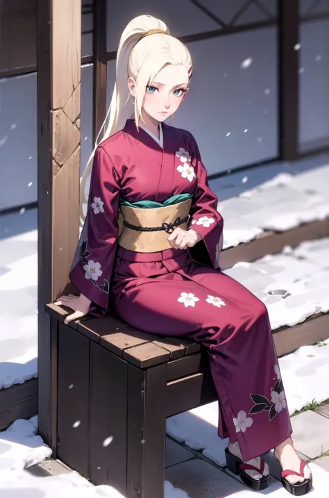 yamanaka ino, kimono, snowing, sitting,