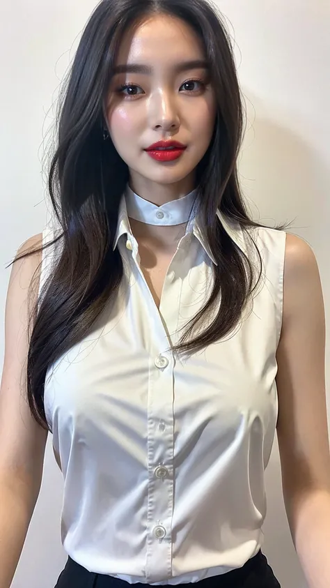 (Tabletop、Highest quality、8K、Award-winning works、Ultra-high resolution)、One beautiful woman、(The most elegant sleeveless button-up collar blouse made of polyester.:1.2)、(White Sleeveless Polyester Blouse:1.2)、that&#39;s right、(Bare arms:1.1)、(Show me your ...