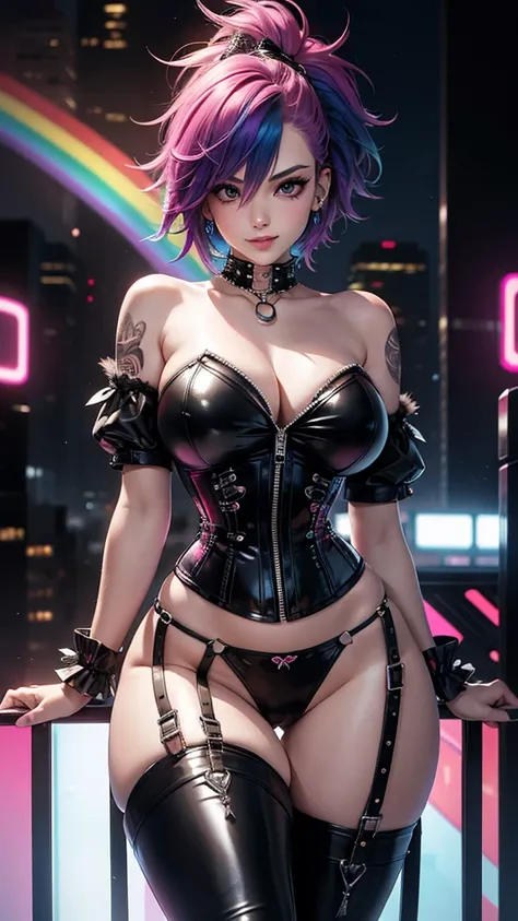 32K UHD quality resolution, rainbow reflections, beautiful and sexy woman, accentuated super huge enormously gigantic , Cleavage showing, wearing lace panties with leather corset and thigh high boots with lots of straps, buckles and zippers, affront, wild ...