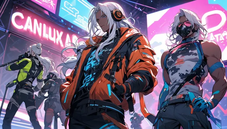 Handsome, single, muscular with visible wash marks, male, long hair tied up in a bun, dark skin, white hair, headphones, neon colored sci-fi robot suit. Mixes sci-fi and neon tones. Behind it is a robot with neon lights. In the background, a large robot wa...