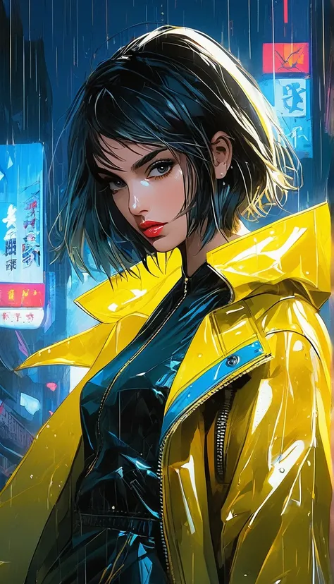 Medium shot anime artwork::In the world of cyberpunk, Blade Runner 2049 Ana de Armas as Joy, Over a black leather mini dress、wearing a clear plastic yellow raincoat, Medium bob haircut with blue hair, Pouting, Fascinating、Fascinating、Sharp Eye, Porcelain-l...