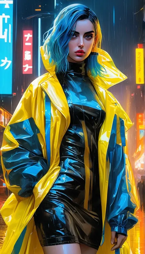 Medium shot anime artwork::In the world of cyberpunk, Blade Runner 2049 Ana de Armas as Joy, Over a black leather mini dress、wearing a clear plastic yellow raincoat, Medium bob haircut with blue hair, Pouting, Fascinating、Fascinating、Sharp Eye, Porcelain-l...