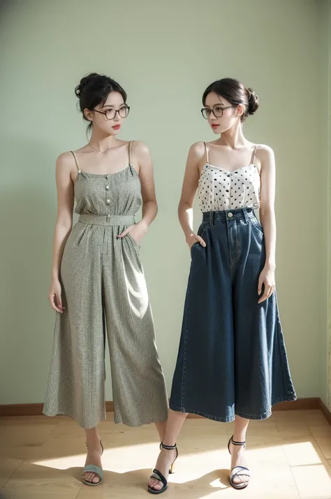 Retro art style：Choose a camisole with thin straps，Pair with a pair of high waist wide leg pants，It can be retro elements such as plaid or polka dots。Add a pair of retro sandals，Wear a pair of round-frame glasses，The overall atmosphere presents a retro and...