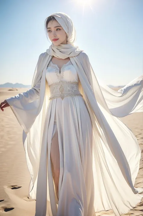 (((best quality))),(((ultra detailed))),(((masterpiece))),illustration,1 Arabian girl, beautiful,solo,slim,thin,small breasts,flat chest,summer, desert,white headscarf,white sheer abaya,radiant smile, fair complexion, sun rays, gentle breeze, elegant attir...