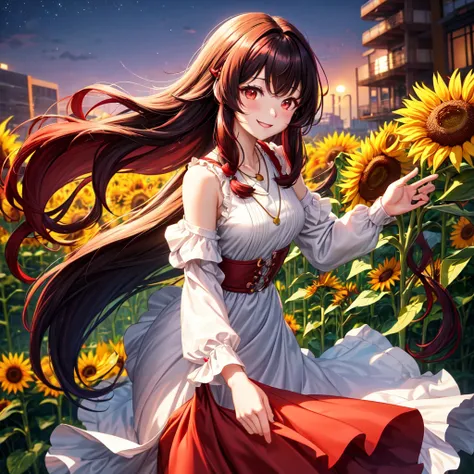 anime panel,upper body, 1girl,solo Korean, black curly hair with red highlights(long hair), sunflower hair clip, red slanted eyes, dress, necklace, hair illuminated by moonlight, park background , blushing, smiling,