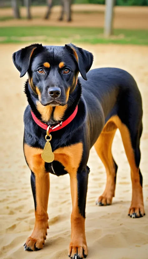 There is no one, realistic photo, photo realism, realism, Crubru de Portugal(Castro Laboreiro Dog), perfect composition, intricate details, Very sharp, masterpiece, profile, high resolution, looking at the viewer, Full body photo in the dog park