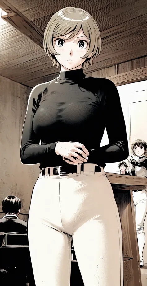 (野球uniform:1.2),
Blonde Hair, (short hair:1.2),Long sleeve, Black Shirt, turtleneck,White trousers、uniform、Black belt、((Illustration of people))、Big Boobs、
View Audience,, (Highest quality:1.3),One Girl, White pants、uniform、indoor、baseball 、White wall、blue...