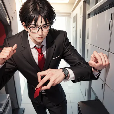 Man with glasses, black hair, black suit with small white stripes, and red tie